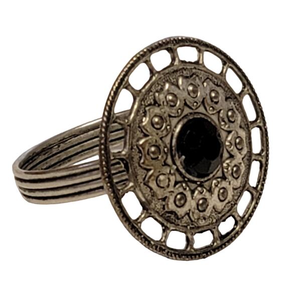 Medallion Napkin Rings Set of 4 Pewter‎ Bronze Tone Faux Gem Steampunk Starburst - Picture 4 of 6